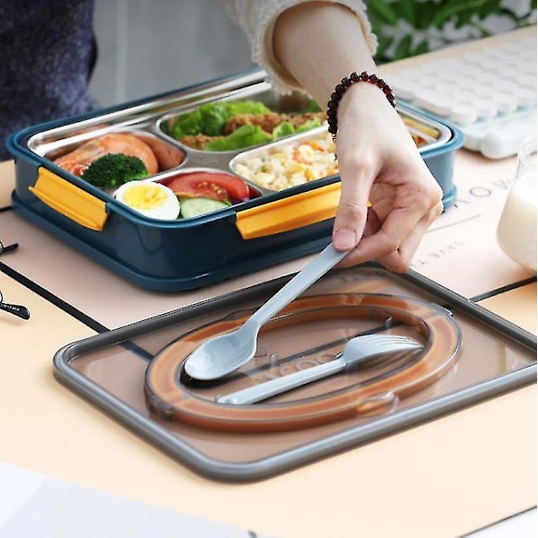 Madkasse til børn med 4 rum og bestik, bærbar madkasse til voksne BPA-fri Bento Box kompatibel med skole/kontor/picnic rejse, Suit Compati