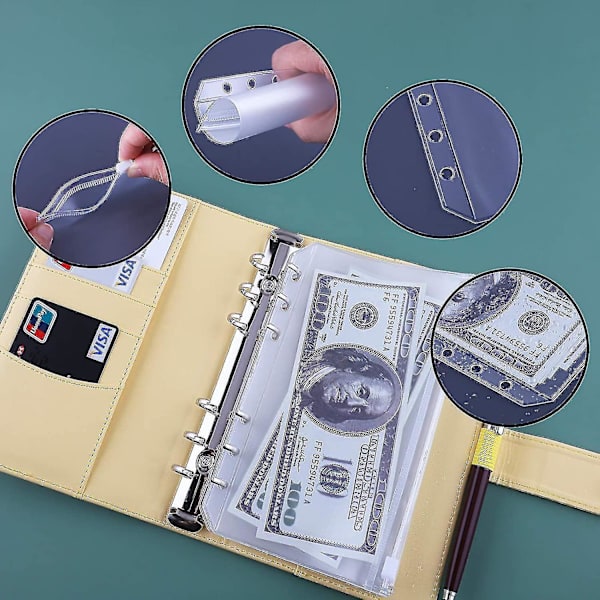 12pcs A6 Binder Pockets Loose Leaf Bags 6 Ring Binder Cash Budget Envelopes System, A6 Pu Leather Binder Set Yellow