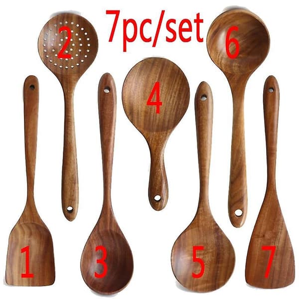 7pcs/set Teak Natural Wood Tableware Spoon Ladle Turner Rice