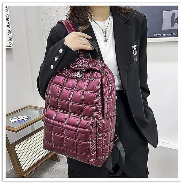 Down Cotton Filled Women's Backpack Quilted Plaid School Casual Bag red