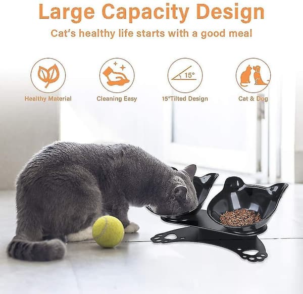 Double Cat Food Bowls With Raised Stand, 15tilted Platform