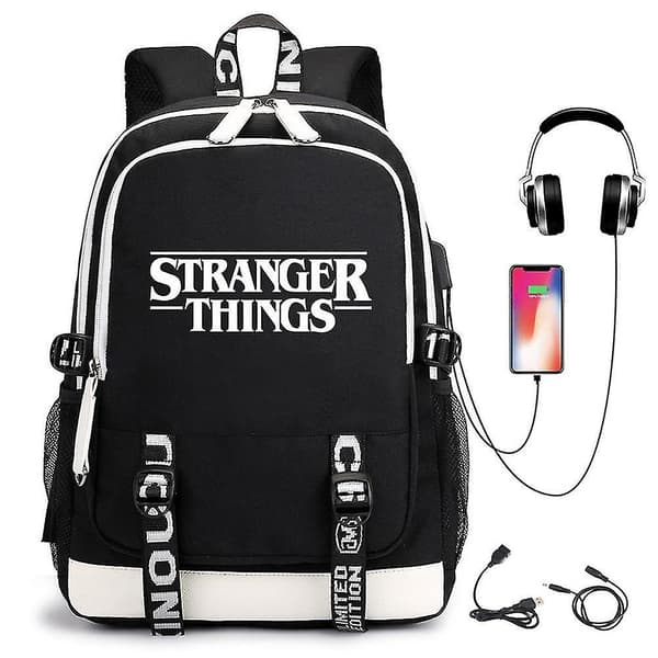 Stranger Things Backpack Usb Rechargeable Backpack Student School Bag black