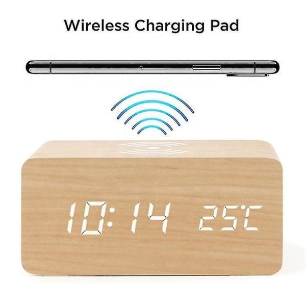 Wooden Digital Alarm Clock With Wireless Charging,adjustable Brightness Dimmer And Alarm Volume(bamboo)