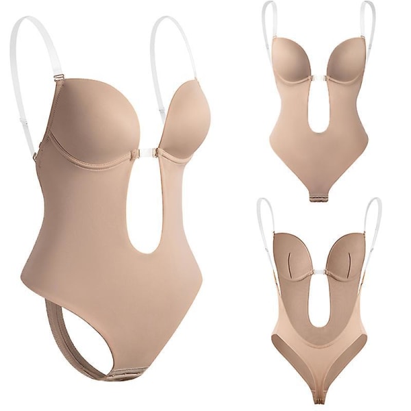 Women Plunging Deep V-neck Body Shaper Strapless Backless Bodysuit Shapewear U Plunge Seamless Thong Beige L(36)