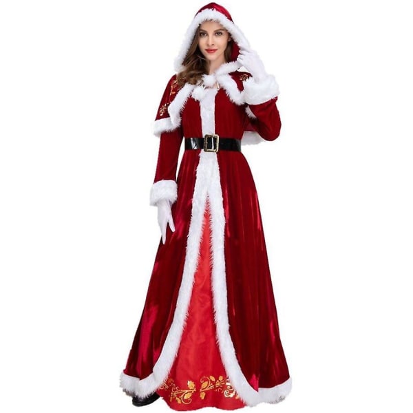 3 pieces of adult Christmas Cosplay costume couple Santa Claus suit lady M-XXL (dress + hooded shawl + belt) XL