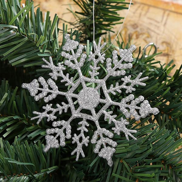 Plast Jule Glitter Snøfnugg Ornamenter Dekorasjoner, 24 stk silver