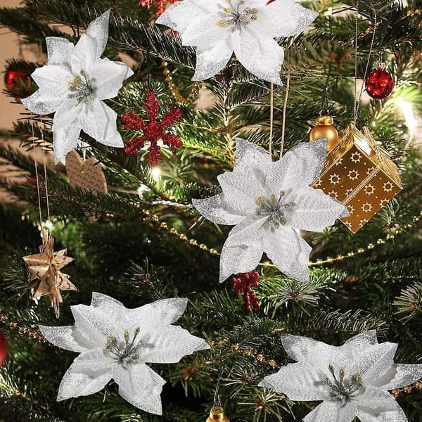 8 stk. Sølv Julestjerne Kunstige Juleblomster Træspynt