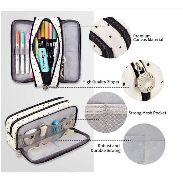Large Capacity Pencil Case 3 Compartment Pouch Pen Bag black