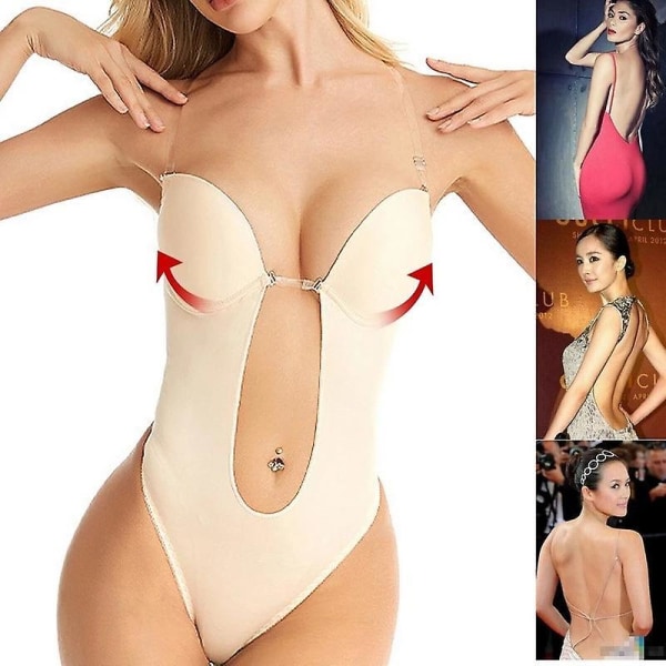 Women Plunging Deep V-neck Body Shaper Strapless Backless Bodysuit Shapewear Beige XL