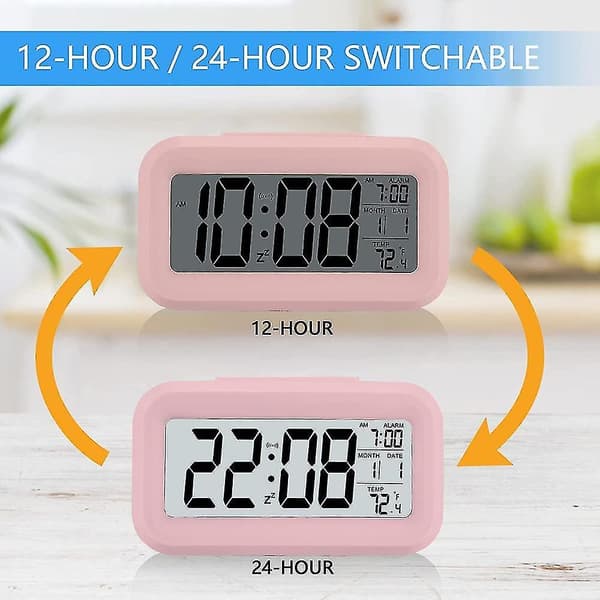 Smart Night Light Digital Alarm Clock With Indoor Temperature, Battery Operated Desk Small Clock Pink