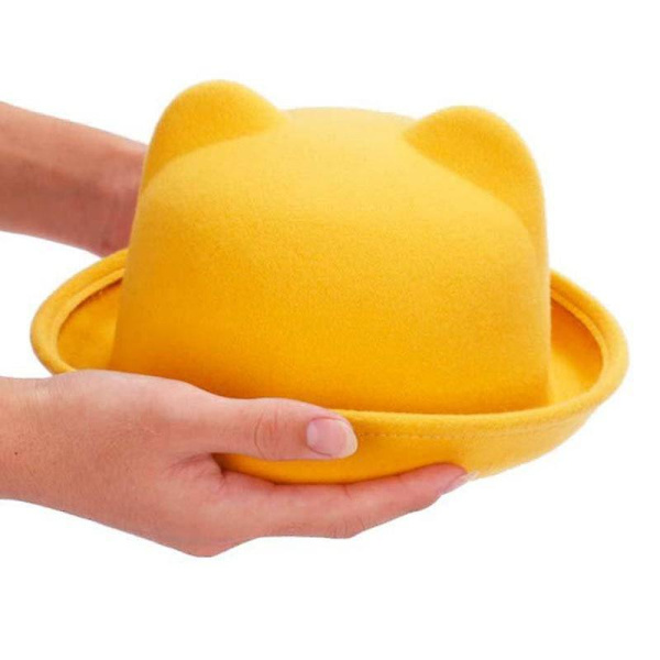 Bowlerhatte i uld til forældre og børn, Fedora-hatte Cat ear camel 54cm