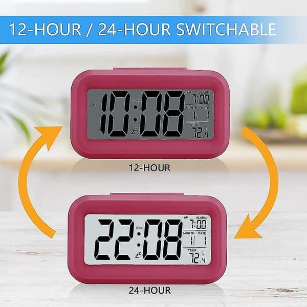 Smart Night Light Digital Alarm Clock With Indoor Temperature, Battery Operated Desk Small Clock Rose Red