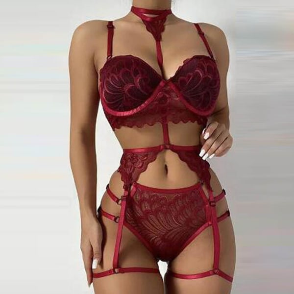 Naisten seksikäs yksivärinen Bralette-pikkuhousut Olkaimellinen pitsikirjailtu alusvaatesetti Wine L