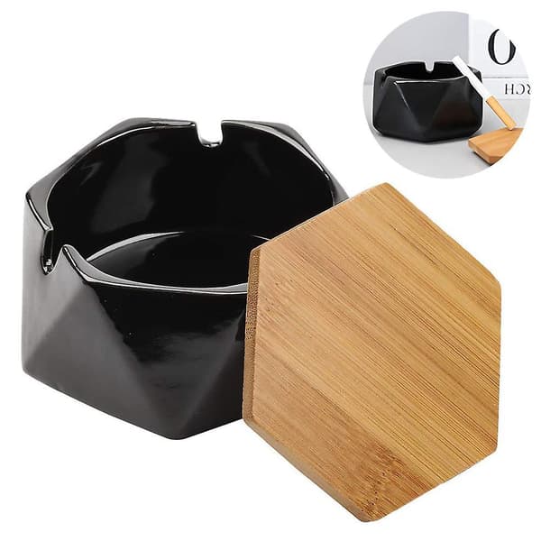 Ceramic Ashtray With Lid,windproof Design And Geometric Shape Ashtray Black