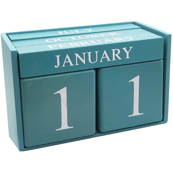 Wooden Desk Blocks Calendar - Perpetual Block Month Date Display Home Office Decoration, 6.1 X 3.9 X 2.9 Inches Blue