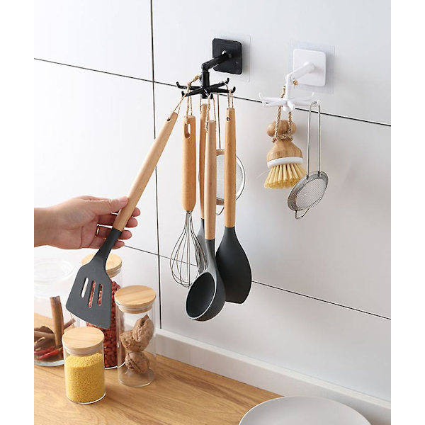 Multi-purpose Kitchen 6 Hooks 360 Rotating Folding Rack For Organizer And Storage Spoon Hanger Bathroom Waterproof Towel Hooks Black