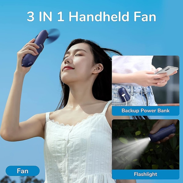 Handheld Mini Fan, 3 In 1 Hand Fan, Portable Usb Rechargeable Small Pocket Fan, Battery Operated Fan [14-21 Working Hours] With Power Bank, Flashlight Dark Blue