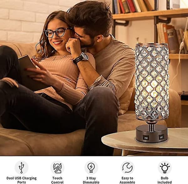 Crystal Lamp Table Lamp With Usb Ports 3 Way Dimmable Light Bedside Lamp Small Touch Light Black