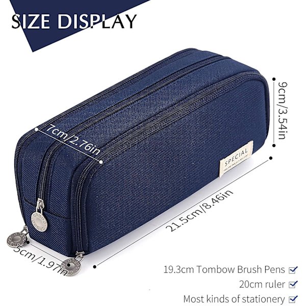 Large Pencil Case Big Capacity 3 Compartments Canvas Pencil Pouch For Students navy