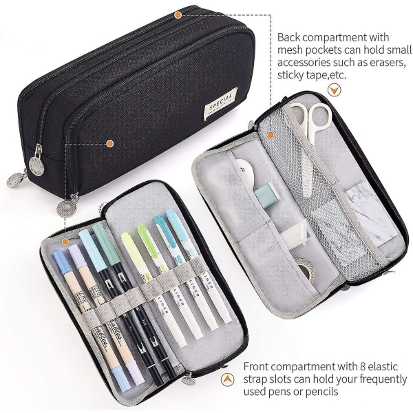 Large Capacity Pencil Case 3 Compartment Pouch Pen Bag For School Teen(black)