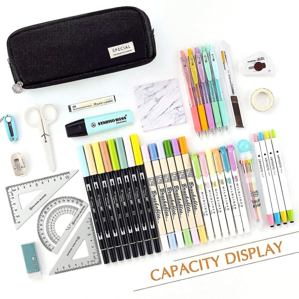 Large Capacity Pencil Case 3 Compartment Pouch Pen Bag For School Teen(black)