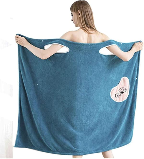 Women Wearable Bathrobe Quick Dry Microfiber Plush Towel Bath Skirt Shower Absorbent Wrap Blue S