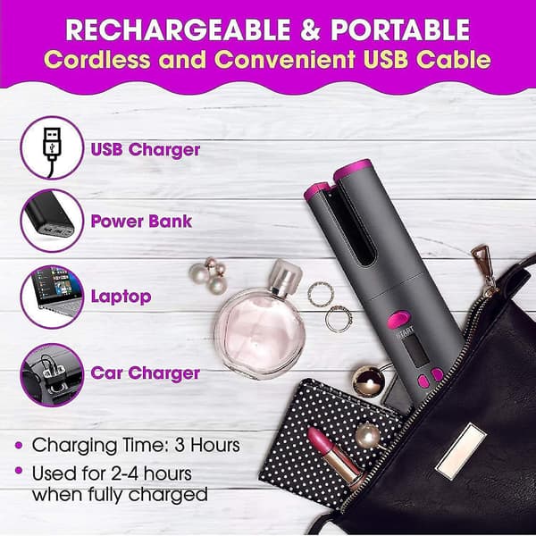 Wireless Automatic Hair Curler Rechargeable Rotating Curling Iron Led Display Temperature Adjustable