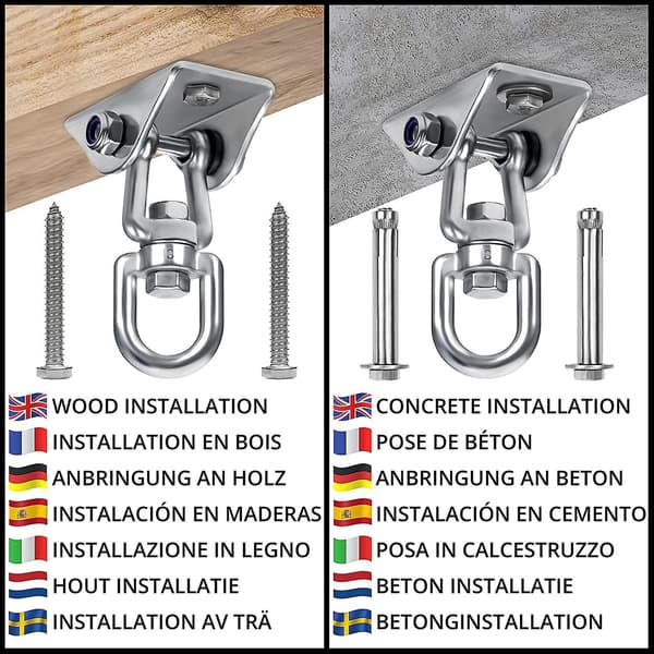 Heavy Duty Hanging Ceiling Hook (1 Piece) - 360 Rotatable Stainless Steel Ceiling Hook With Screws - 400kg Load For Hammock, Swings And Punching Bag