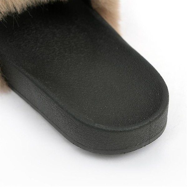 Women's Fluffy Faux Fur Slippers Comfy Open Toe Slides With Fle KHAKI 37
