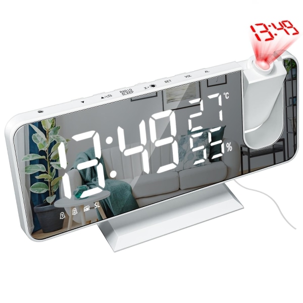 Led Digital Alarm Clock Watch Table Electronic Desktop Clocks Usb Wake Up Fm Radio Time Projector Snooze Function 2 Alarm White with White Words