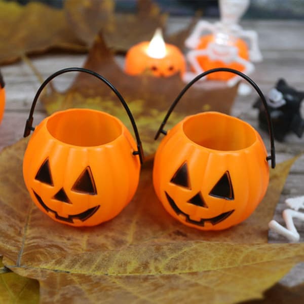 8pcs Attractive Candy Bucket Handle Design Pc Pumpkin Shape Compact Portable Storage Holder For Festival A