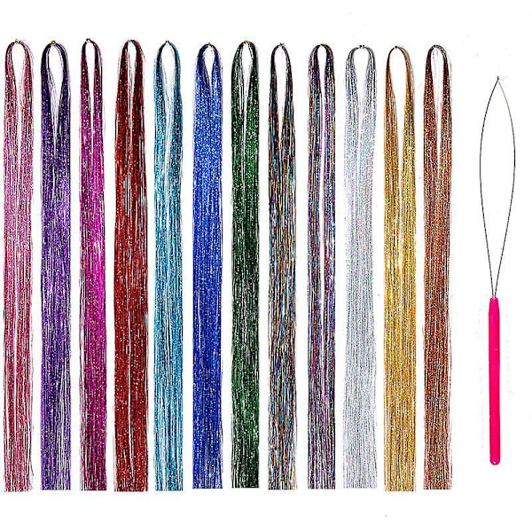 Hårglittersett med verktøy 47 tommer 12 farger Hårglittertråder Fairy Hair Ext