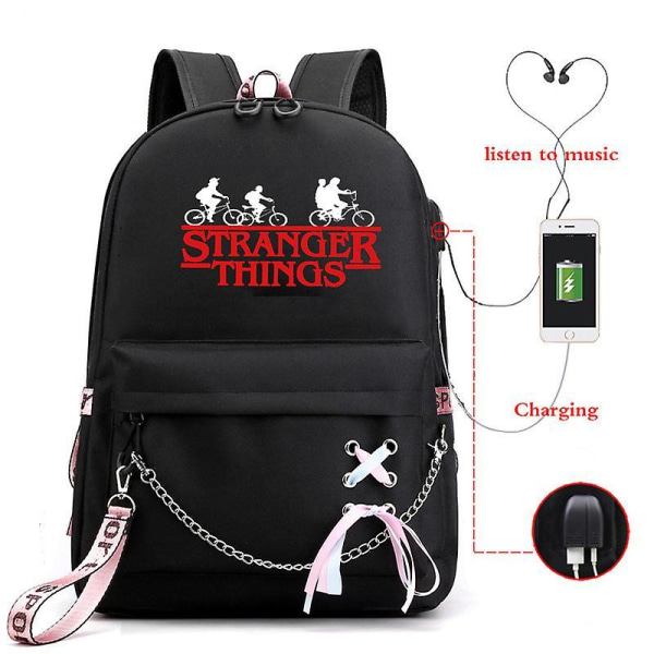 Stranger Things Hellfire Club Large-capacity School Bag Usb Charging Backpack Black 7
