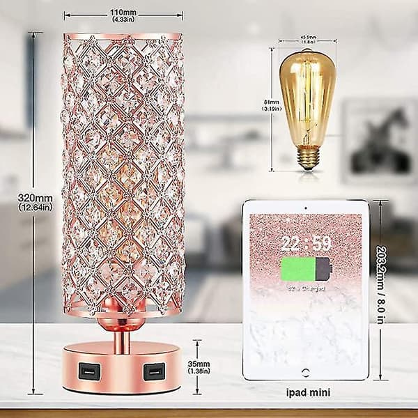 Crystal Lamp Table Lamp With Usb Ports 3 Way Dimmable Light Bedside Lamp Small Touch Light Rose Gold