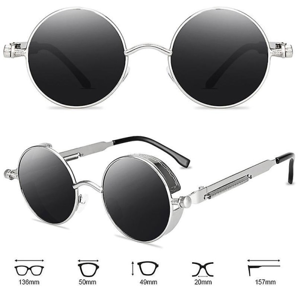 Vintage Polarisoidut Steampunk-aurinkolasit Miehille Pyöreät Aurinkolasit Tyylikkäät Silver Frame Grey Lenses