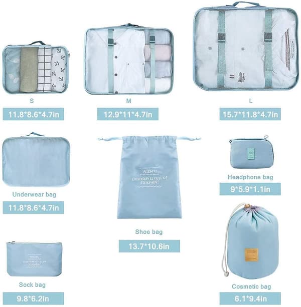 8 Piece Travel Cube Foldable Tote Organizer Lightweight Luggage Organizer (blue) grey