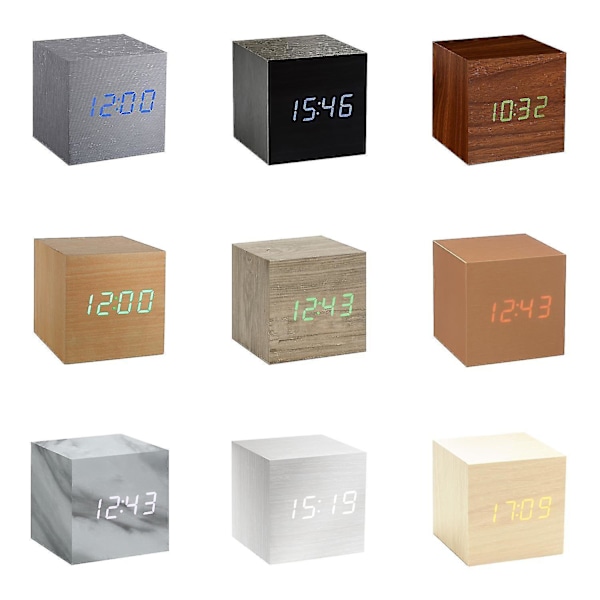 Gingko Cube Led Click Clock Alarm Clock With Sound Activation (time, Date & Temperature) Various Colours A10 Bamboo white