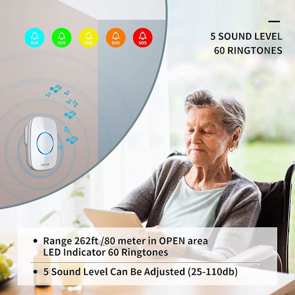 Caregiver Pagers Wireless Call Button For Elderly Patient Personal In Home Life Alert System For Seniors Range 260ft/80menter,60 Ringtones (1sos Butto