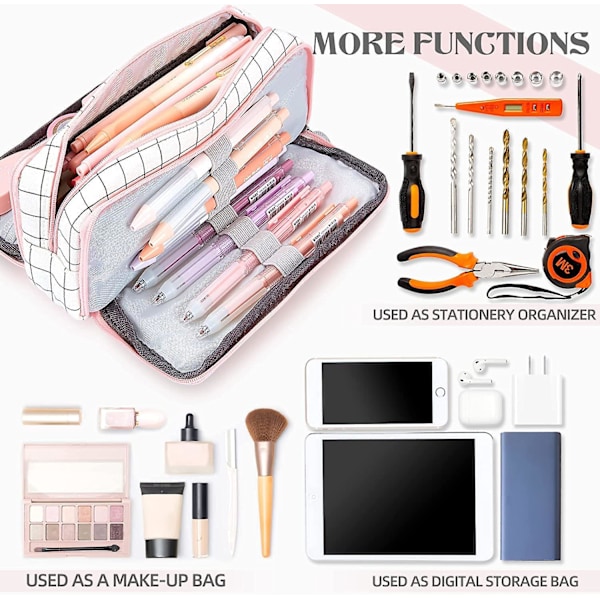 Large Pencil Case, Large Capacity Pencil Case With 3 Compartments, Makeup Bag Portable Office Statio