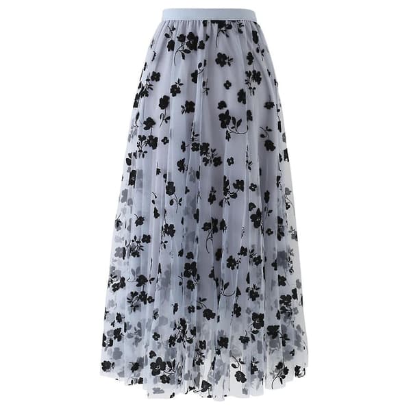 Dame Forår Sommer Elastisk Høj Talje Lang Mesh Nederdel Dame Plisseret Gray M
