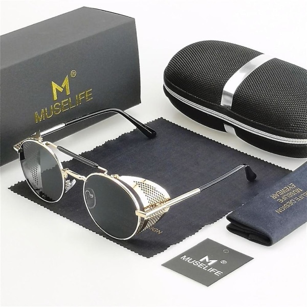 Retro Pyöreät Metalliset Aurinkolasit, Steampunk Miehet, Naiset, Lasit UV-Suoja Golden-Black