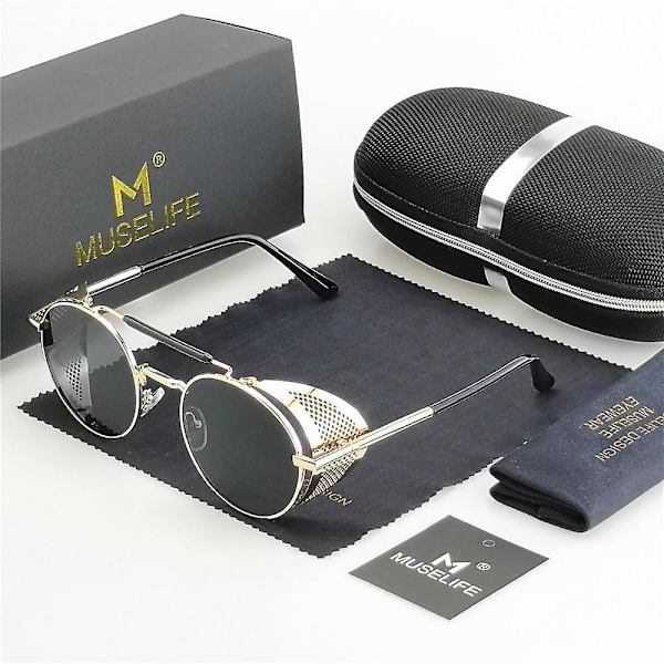 Retro Round Metal Sunglasses, Steampunk Men, Women, Glasses Uv Protection Golden-Black