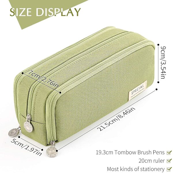 Large Pencil Case Big Capacity 3 Compartments Canvas Pencil Pouch For Students green