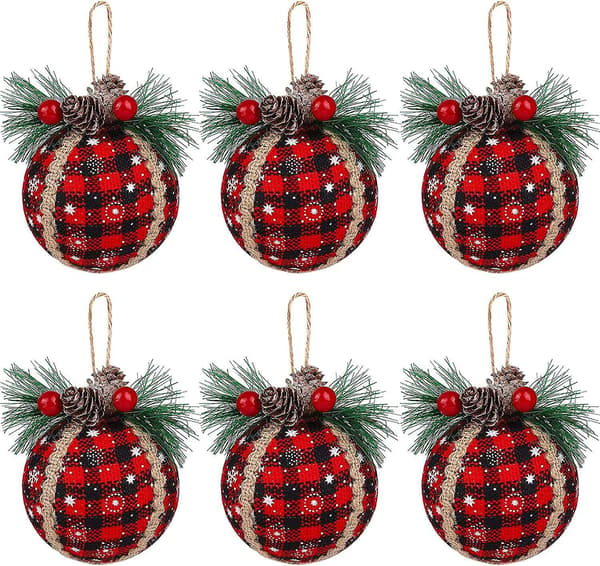 6 stk. Julekugler i tern - 7,6 cm Sort & Rød Buffalo Ternet Stofkugle