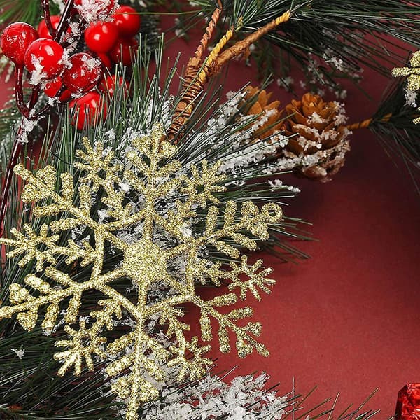 Plastic Christmas Glitter Snowflake Ornaments Decorations, 24pcs gold