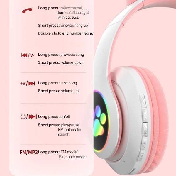 Wireless Bluetooth Headphones Cat Ear Headset With Led Light Pink