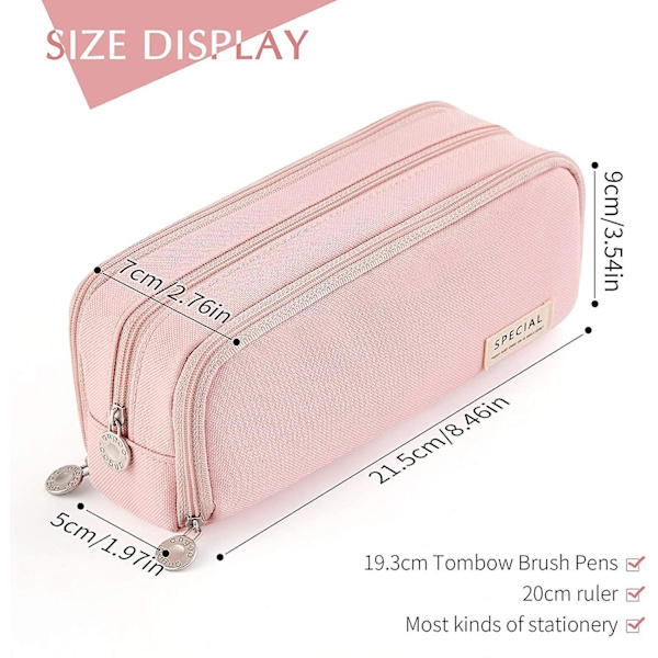 Large Pencil Case Big Capacity 3 Compartments Canvas Pencil Pouch For Students pink