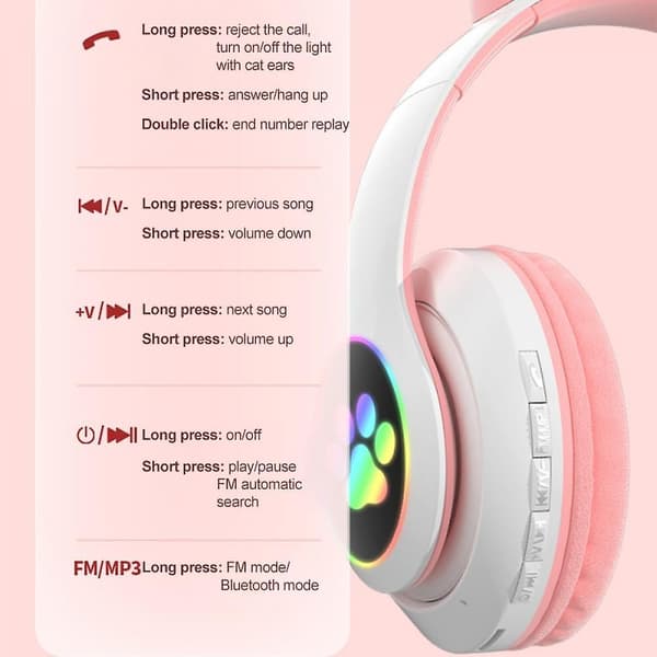 Wireless Bluetooth Headphones Cat Ear Headset With Led Light Pink