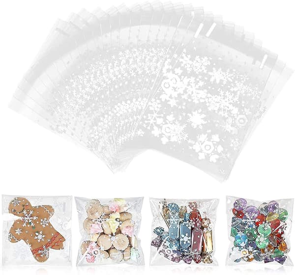 200 Pcs Snowflake Cookie Bag Clear Plastic Bag Transparent Candy Christmas