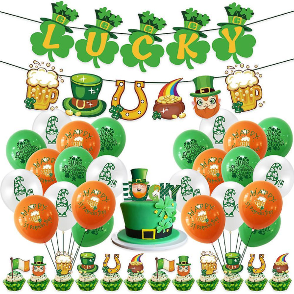 St. Patrick's Day 24pcs Balloons Banner Pull Flag Cake Insert Set Irish Beer Festival Party Decorations